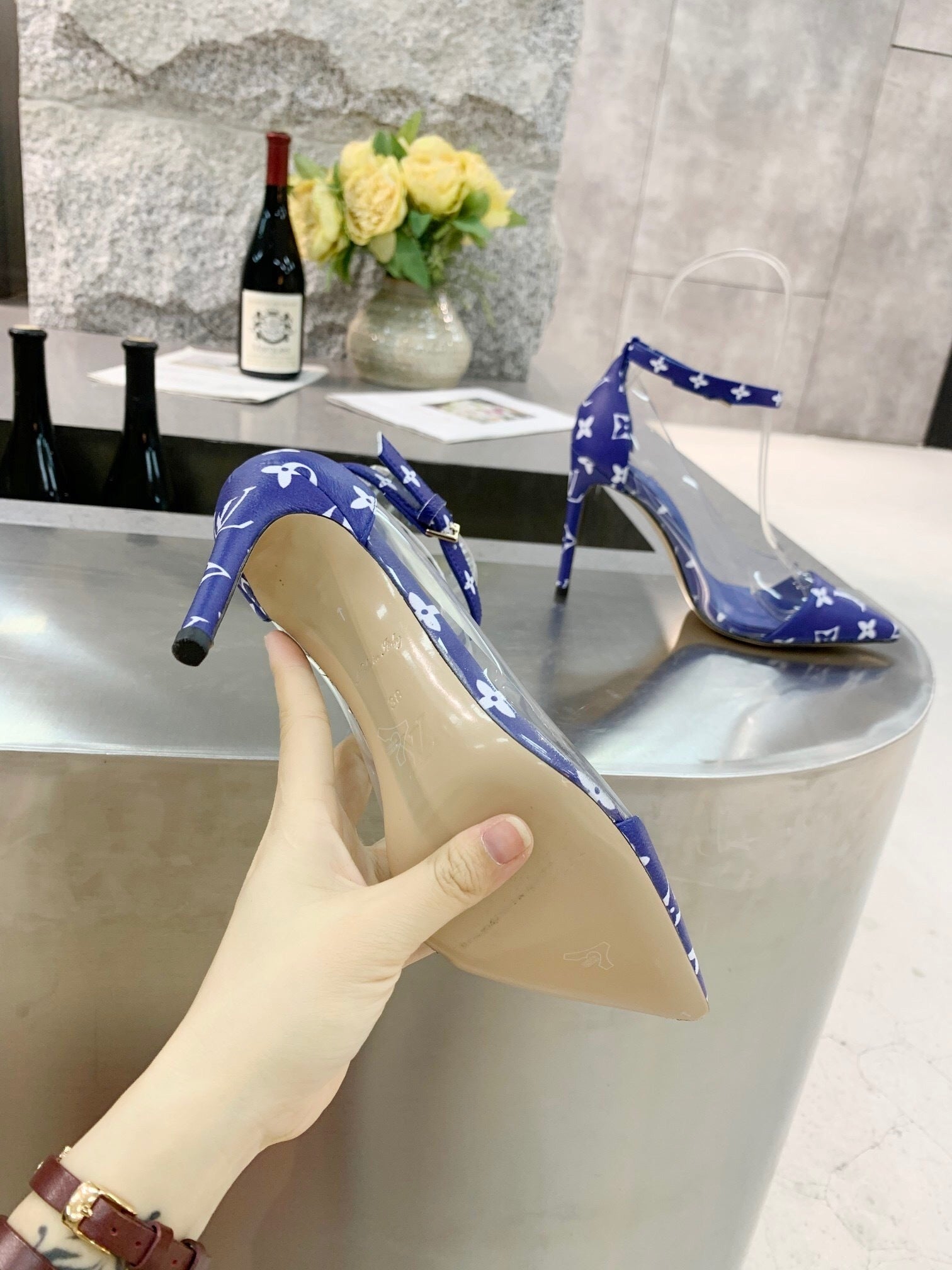 CLEAR PANEL MONOGRAM STILETTO HEELS