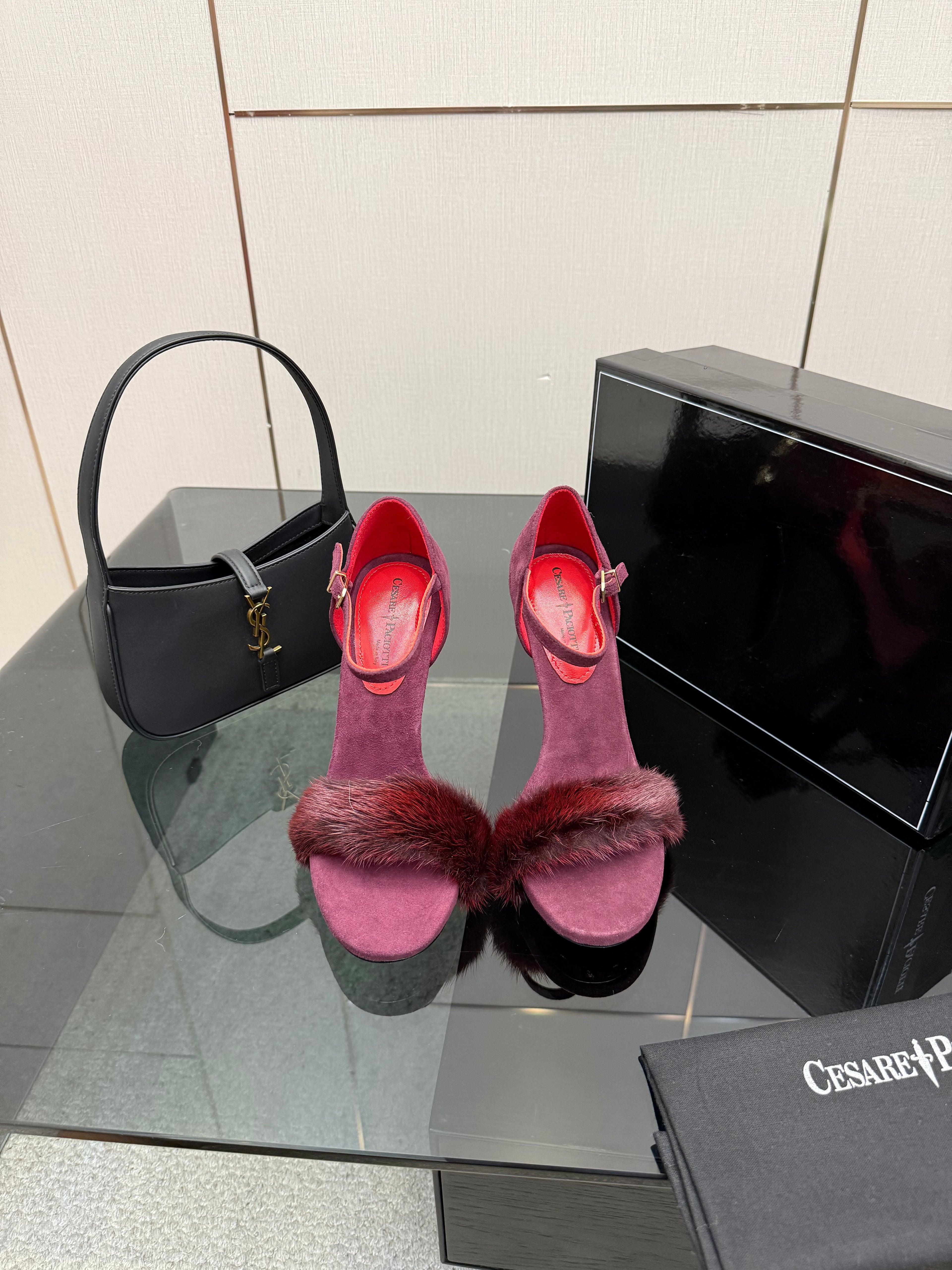 SUEDE FUR-TRIM STILETTO SANDALS – PLUM WINE EDITION
