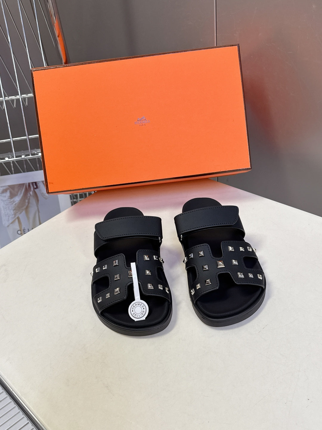 BLACK STUDDED SLIDE SANDALS