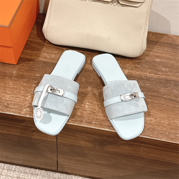 PASTEL BLUE SUEDE BUCKLE SLIDE SANDALS