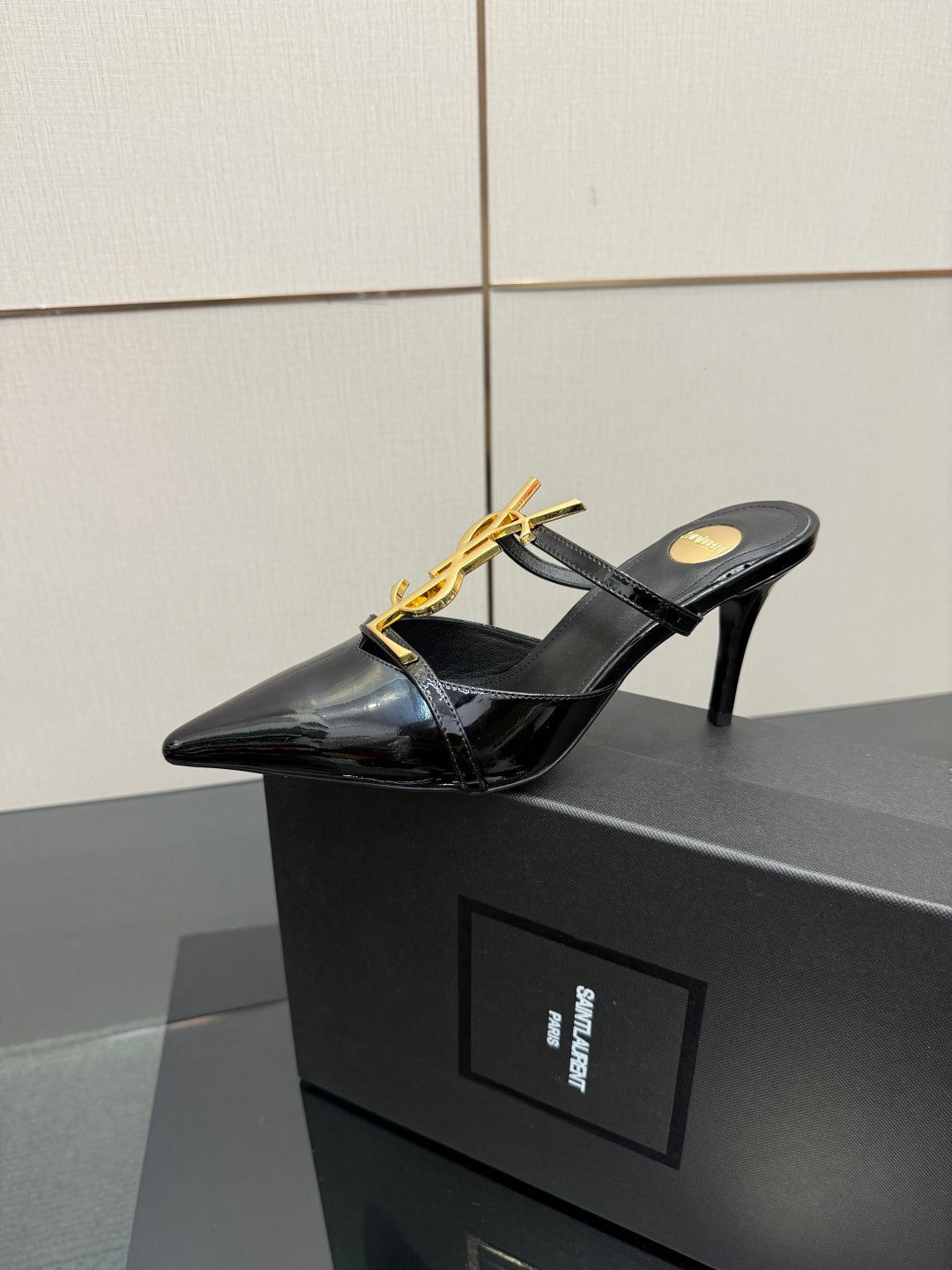 BLACK PATENT POINTED TOE MULE HEELS WITH GOLD DETAIL