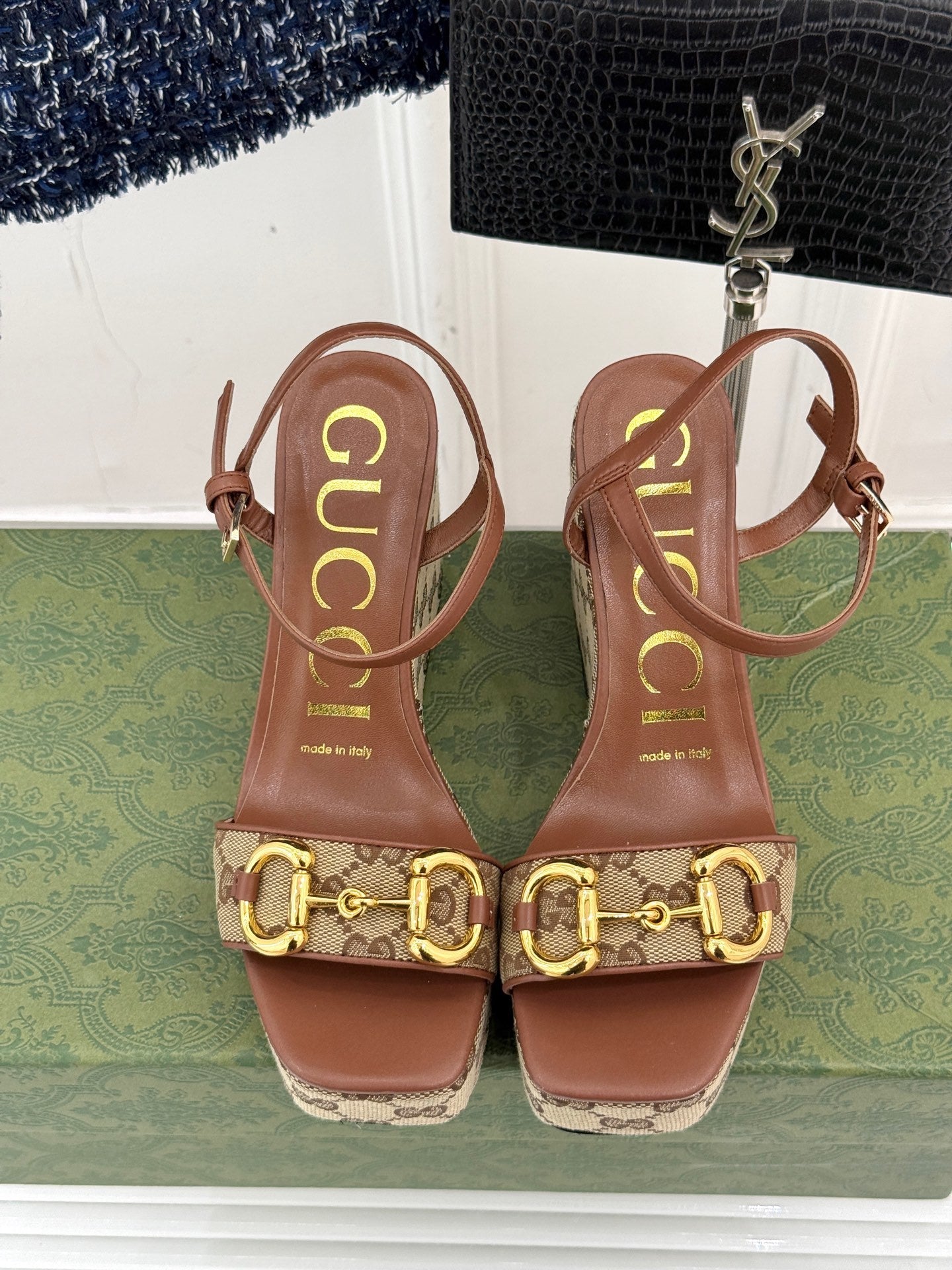 BEIGE MONOGRAM PLATFORM WEDGE SANDALS