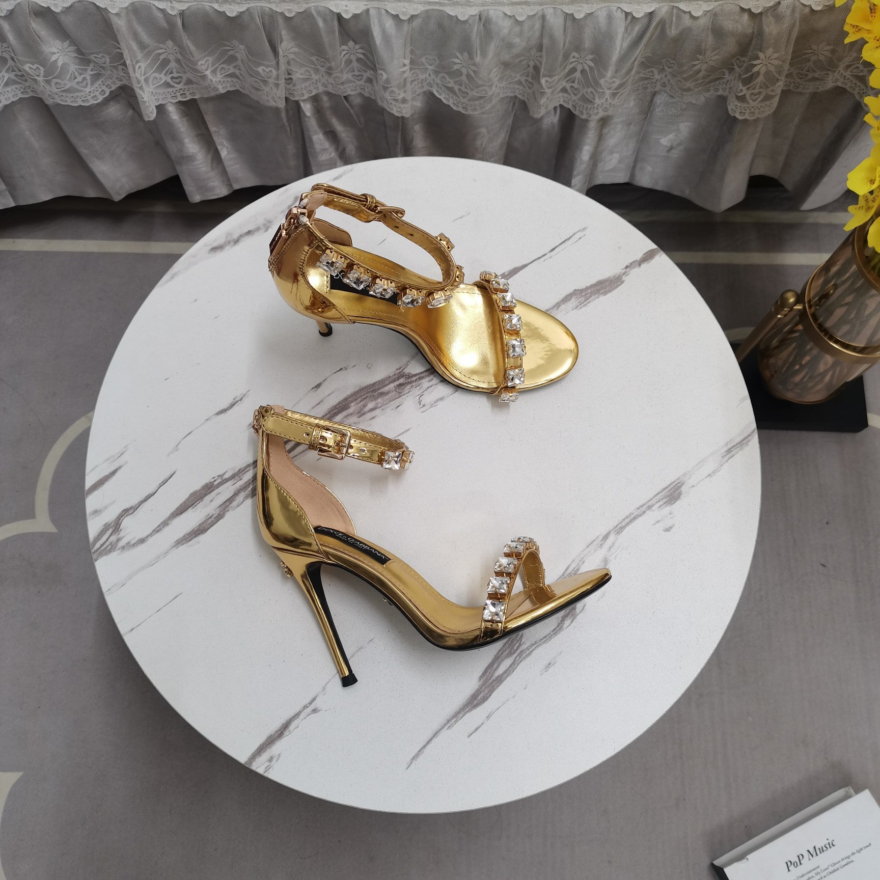 GOLD METALLIC STRAPPY HEEL SANDALS WITH CRYSTAL EMBELLISHMENTS