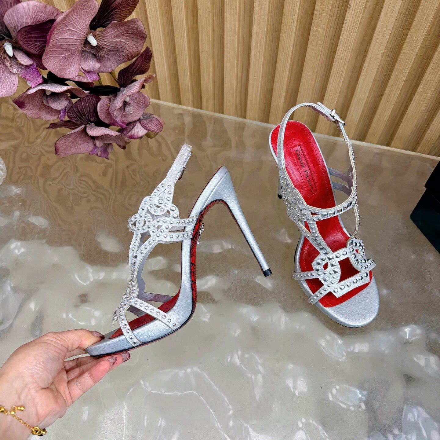 CRYSTAL STUD GLADIATOR STILETTO SANDALS – SILVER EDITION
