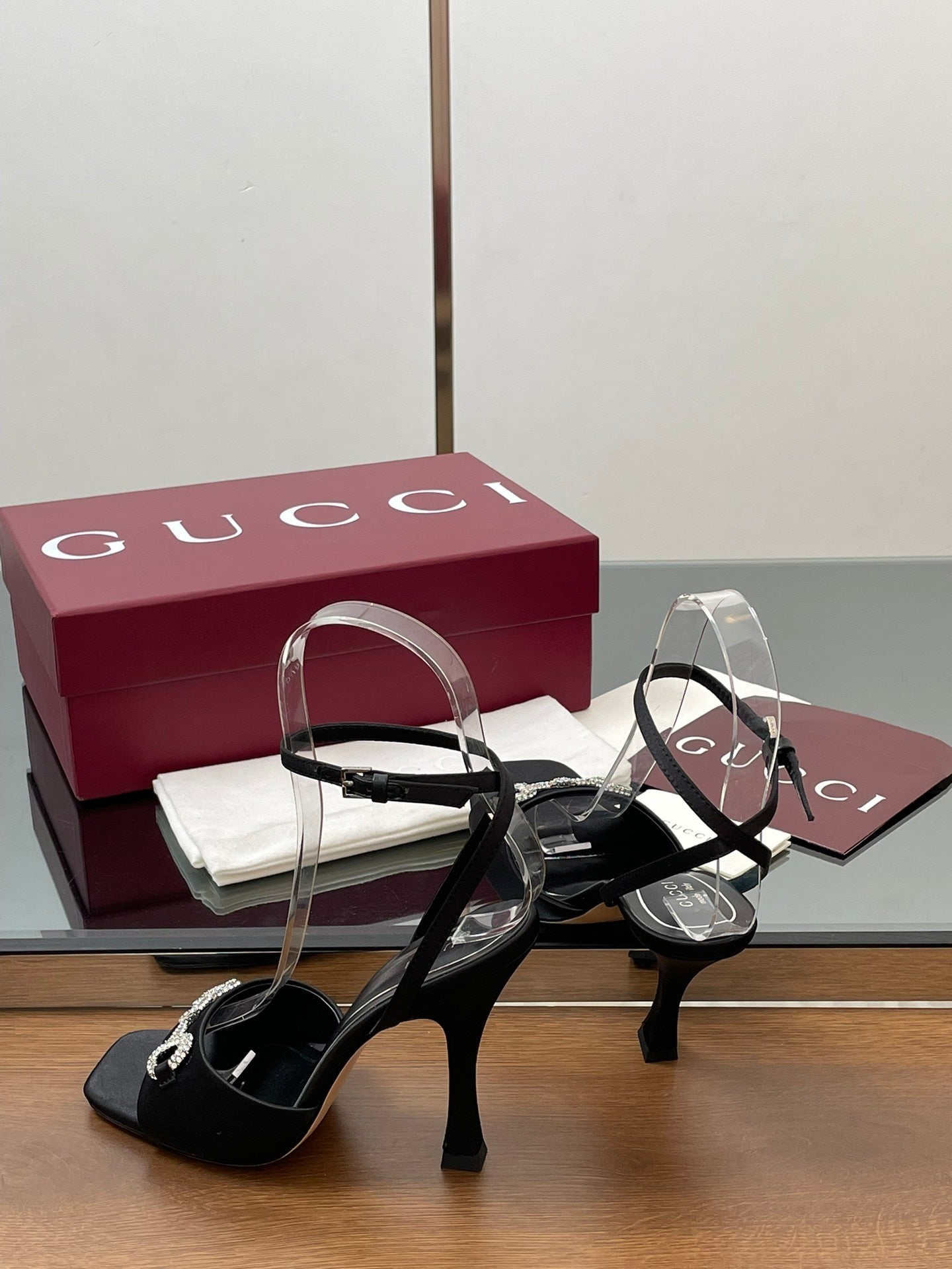 BLACK CRYSTAL HORSEBIT STRAPPY HEEL SANDALS