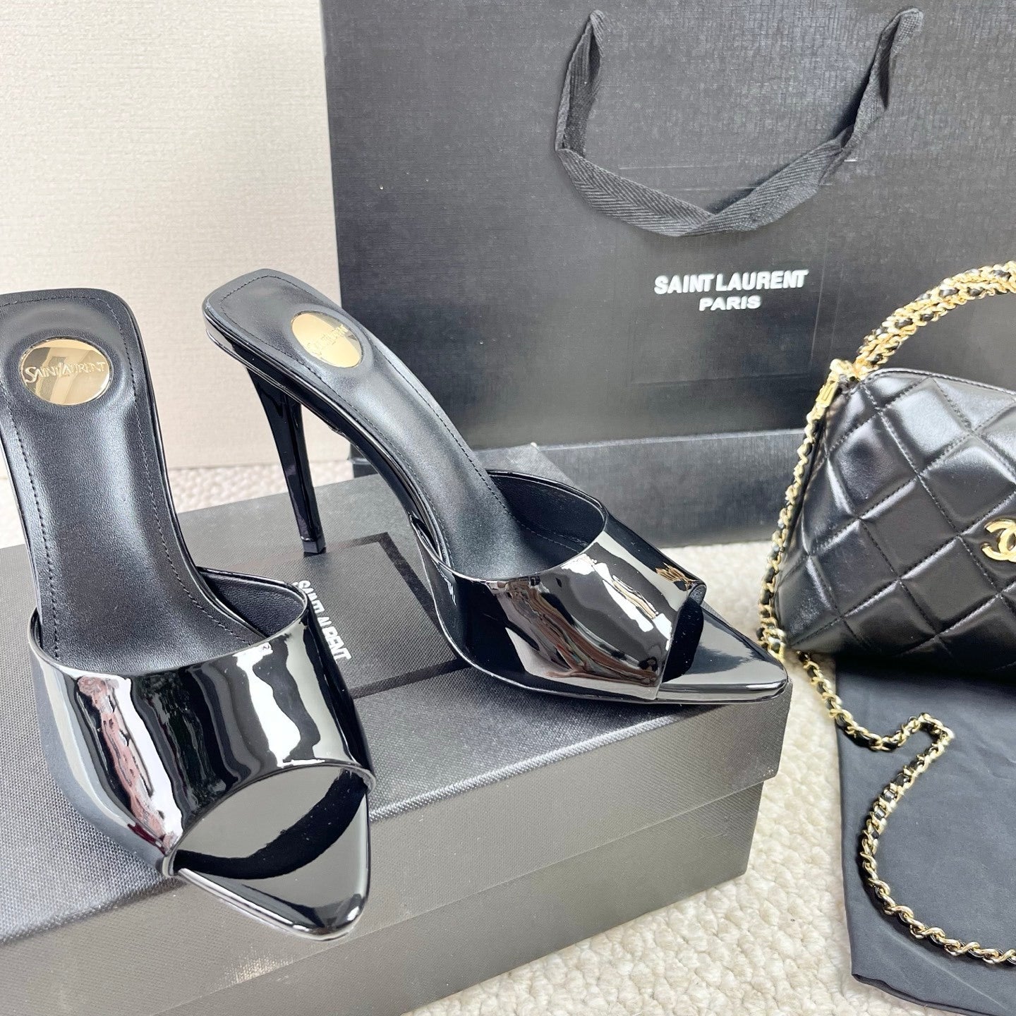 BLACK PATENT OPEN-TOE MULE HEELS