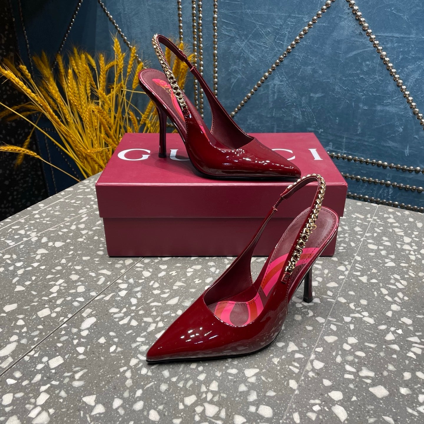 BURGUNDY PATENT CHAIN SLINGBACK PUMPS