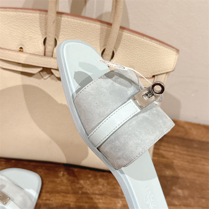 PASTEL BLUE SUEDE BUCKLE SLIDE SANDALS