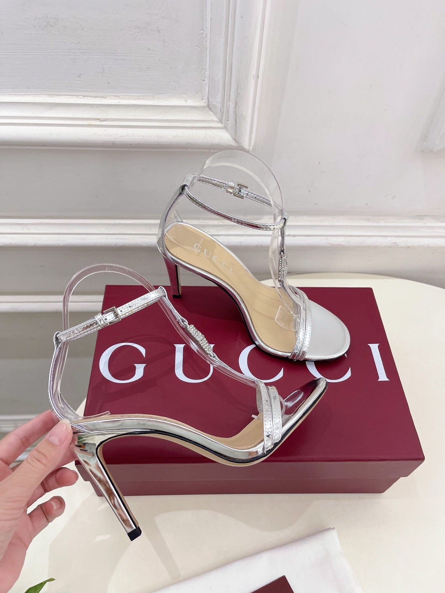 SILVER TRANSPARENT STRAPPY HEEL SANDALS