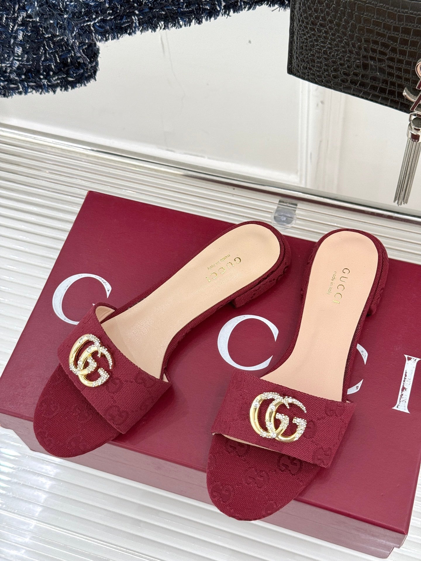 BURGUNDY MONOGRAM LOW HEEL SLIDES