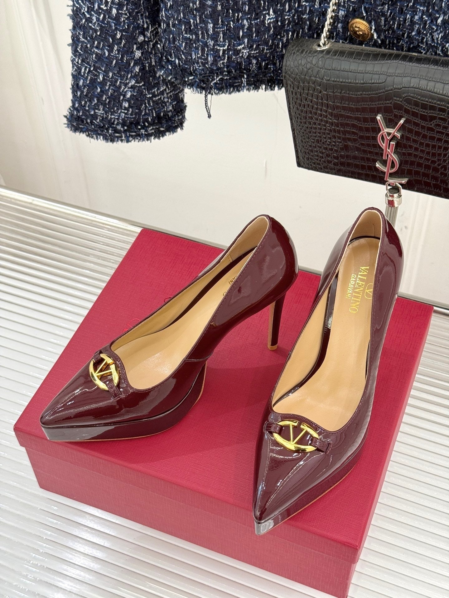 BURGUNDY PATENT PLATFORM STILETTO HEELS WITH GOLD DETAIL