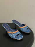 DENIM MONOGRAM STRAP KITTEN HEEL MULES
