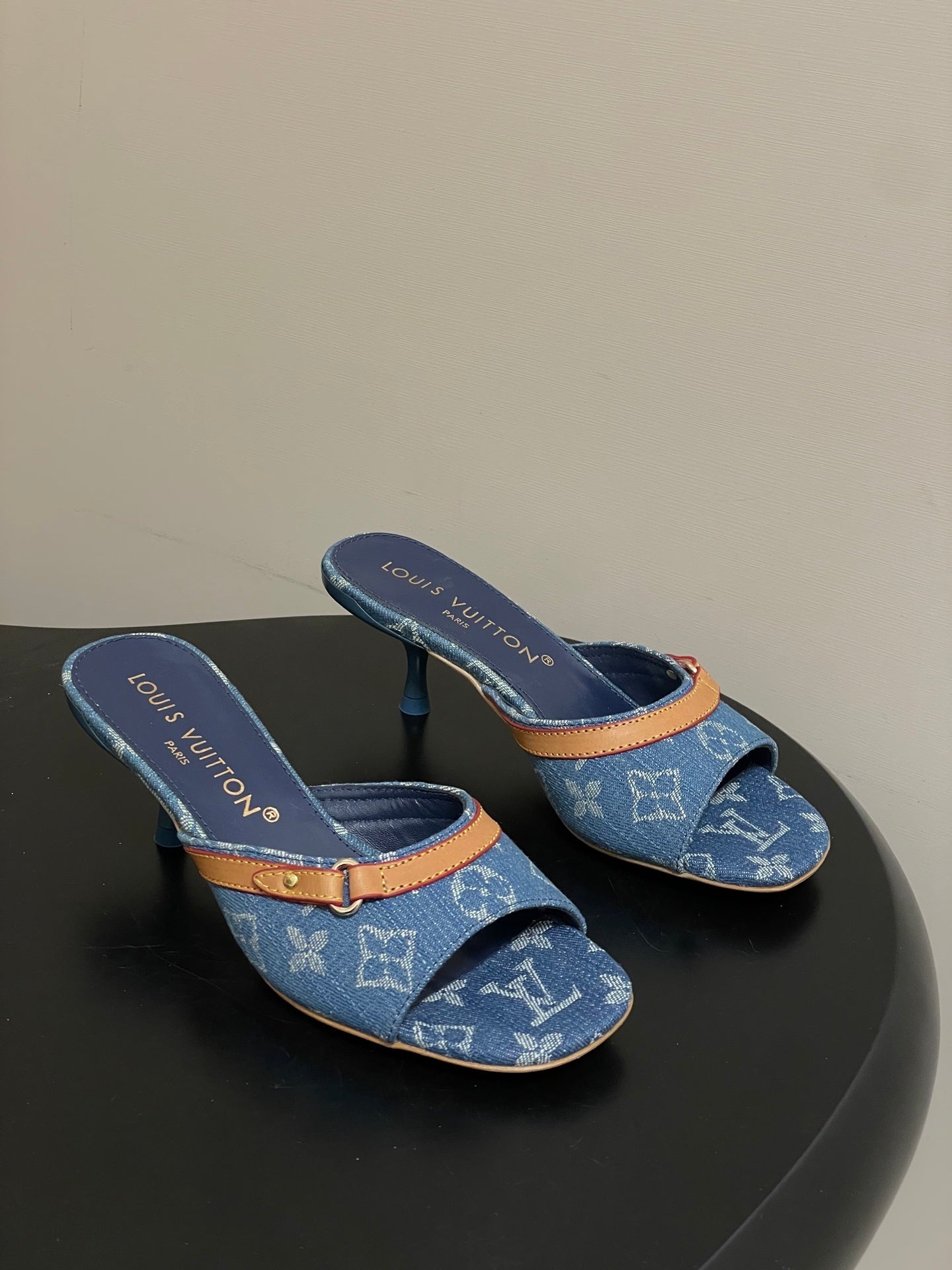 DENIM MONOGRAM STRAP KITTEN HEEL MULES