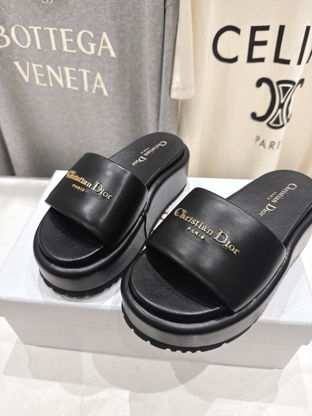 BLACK PLATFORM LOGO SLIDE SANDALS