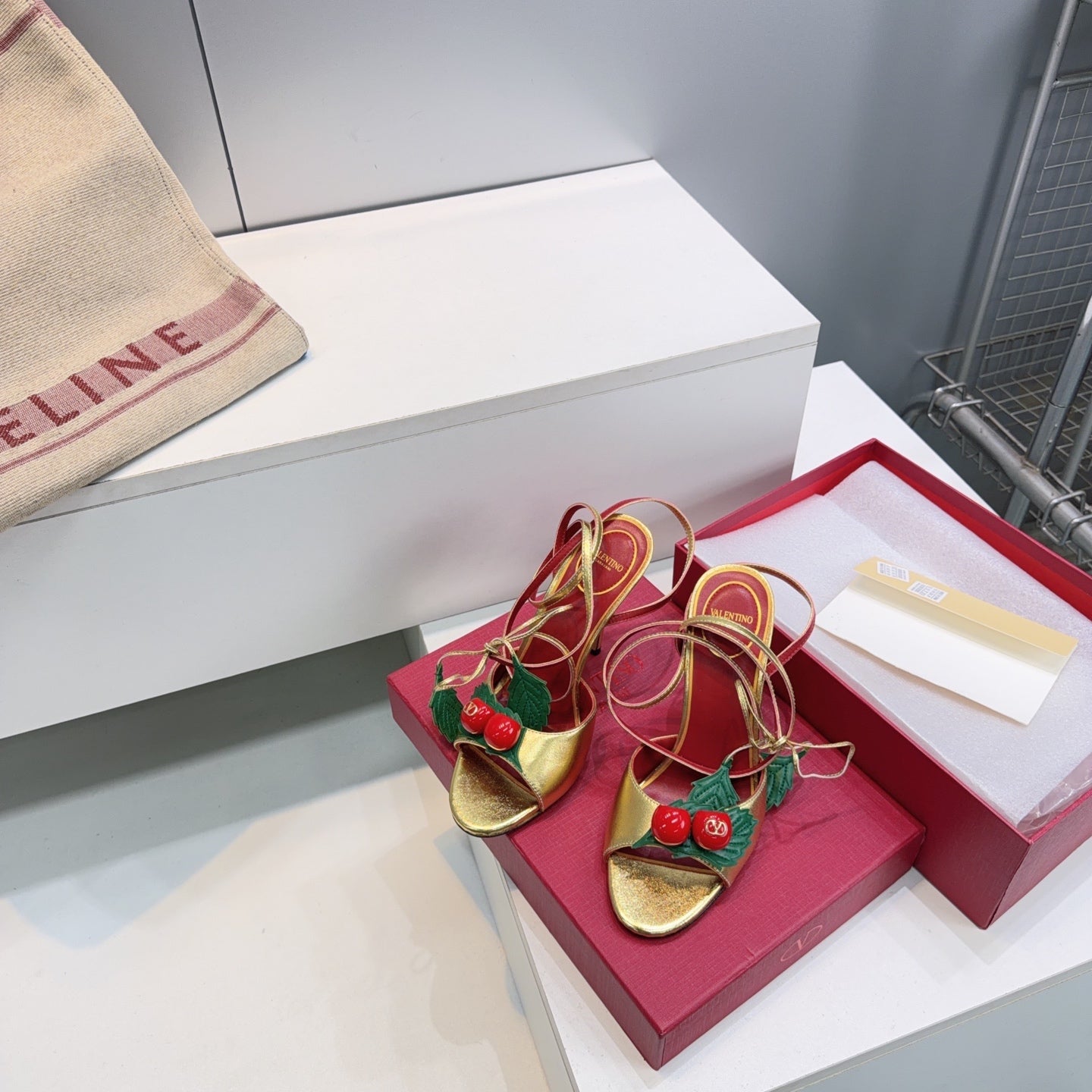 CHERRY EMBELLISHED STRAPPY HEEL SANDALS – GOLD