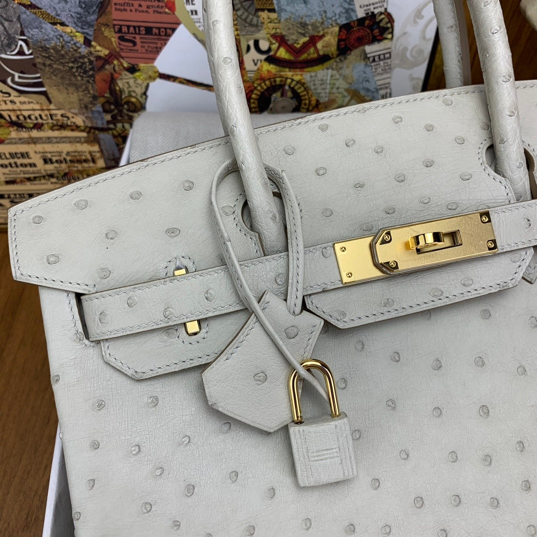 LUXURY PEARL WHITE OSTRICH TEXTURED TOP HANDLE BAG