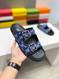 BLUE MONOGRAM DOUBLE BUCKLE SLIDE SANDALS