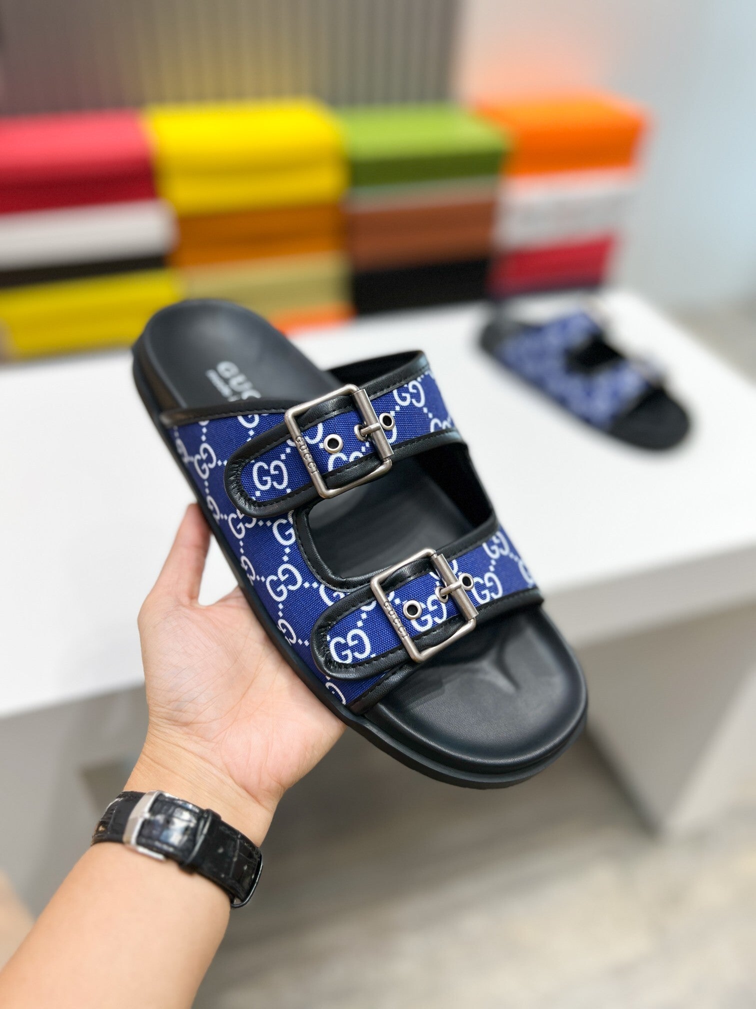 BLUE MONOGRAM DOUBLE BUCKLE SLIDE SANDALS