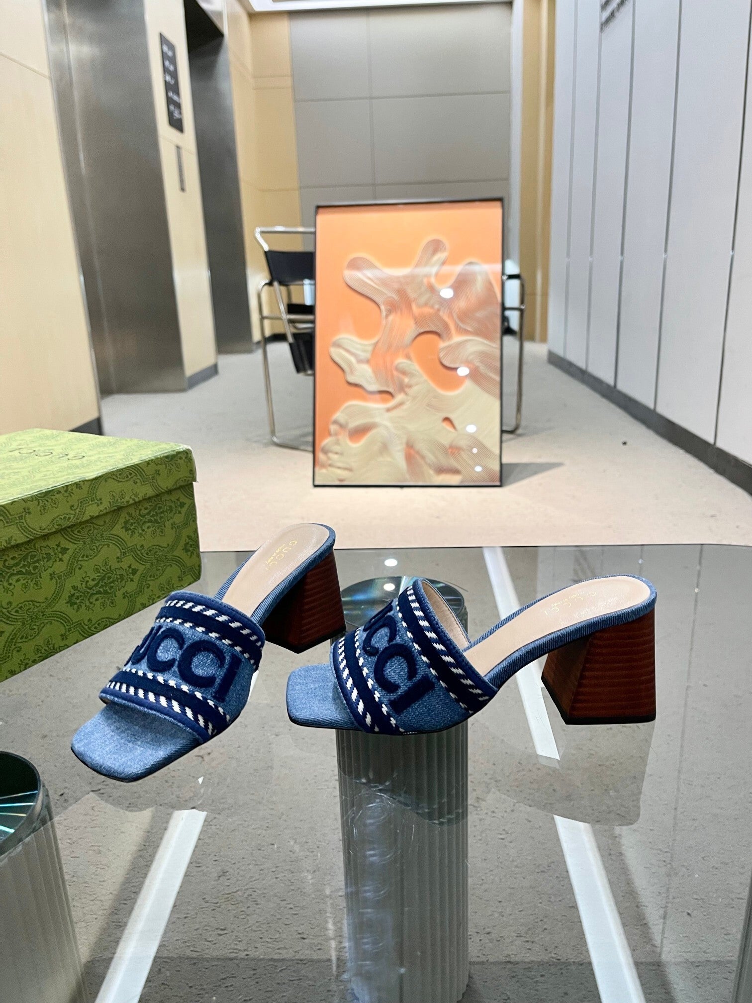 DENIM BLOCK HEEL SANDALS