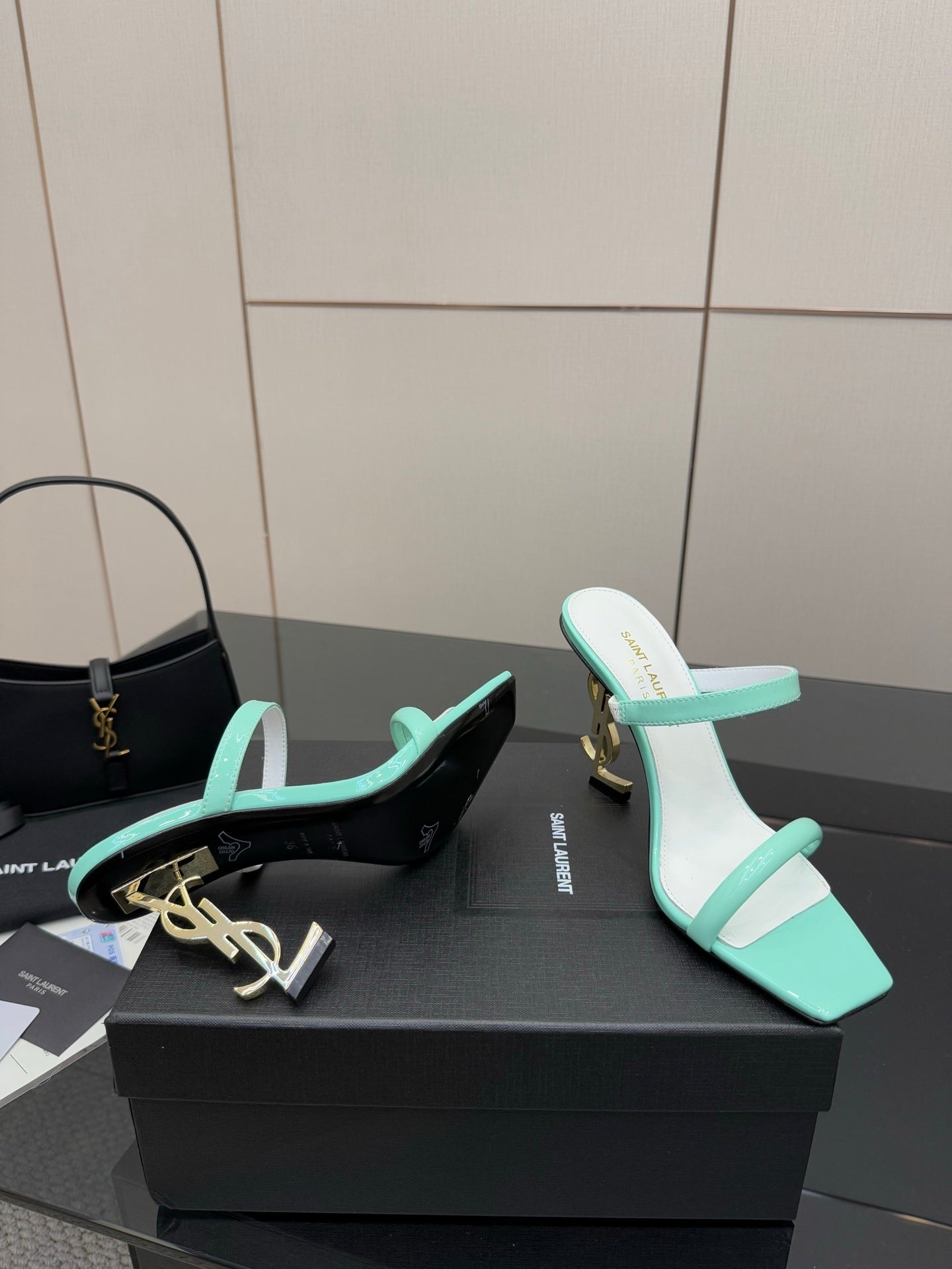 MINT GREEN STRAPPY HEELS WITH GOLD LOGO HEEL