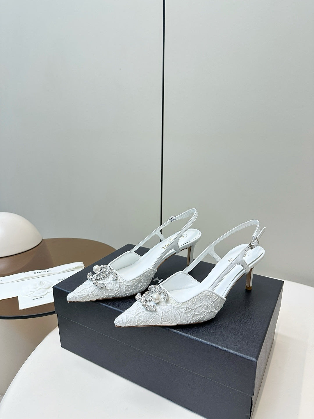 WHITE LACE CRYSTAL SLINGBACK HEELS