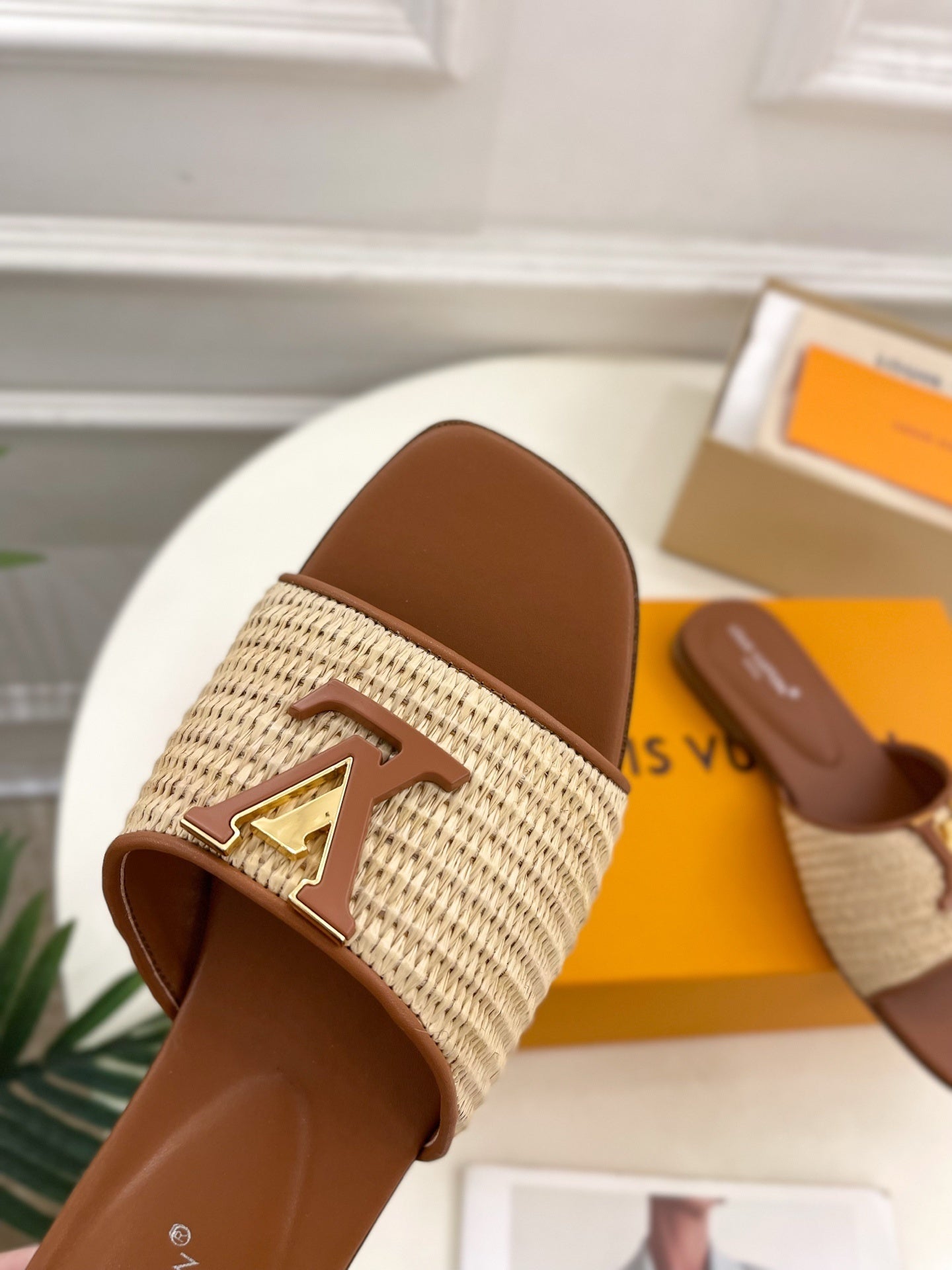 WOVEN STRAP MONOGRAM DETAIL SLIDE SANDALS