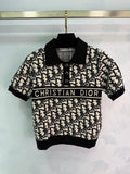 BLACK & WHITE MONOGRAM KNIT POLO TOP