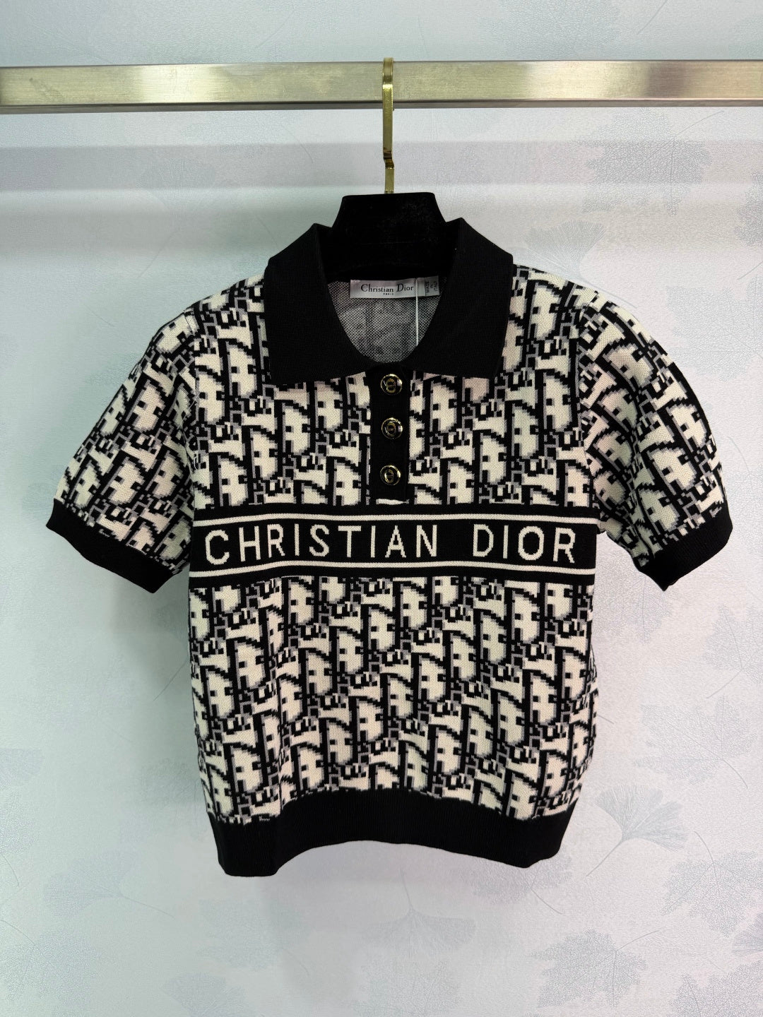 BLACK & WHITE MONOGRAM KNIT POLO TOP