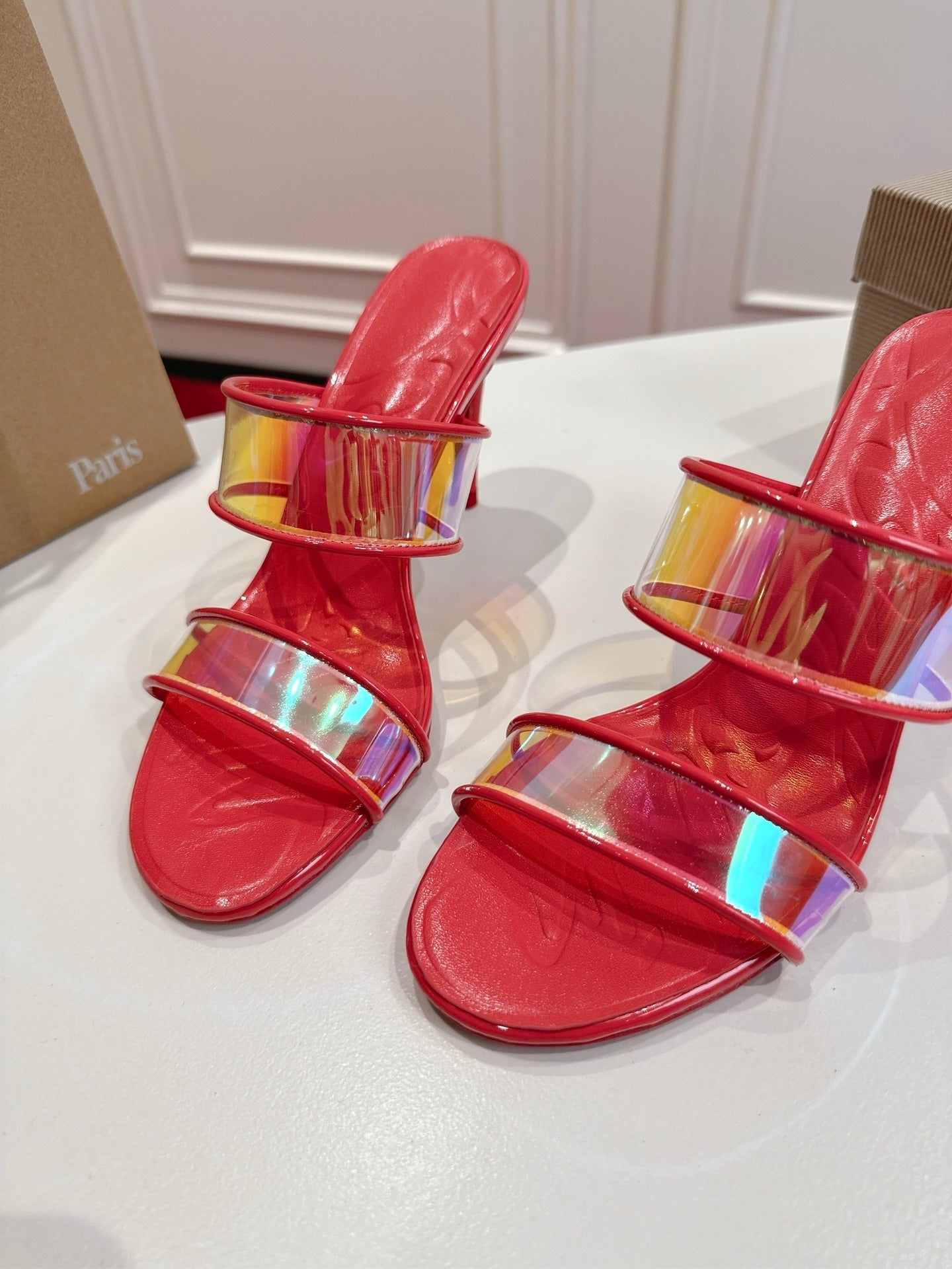 RED TRANSPARENT STRAP MULE HEELS