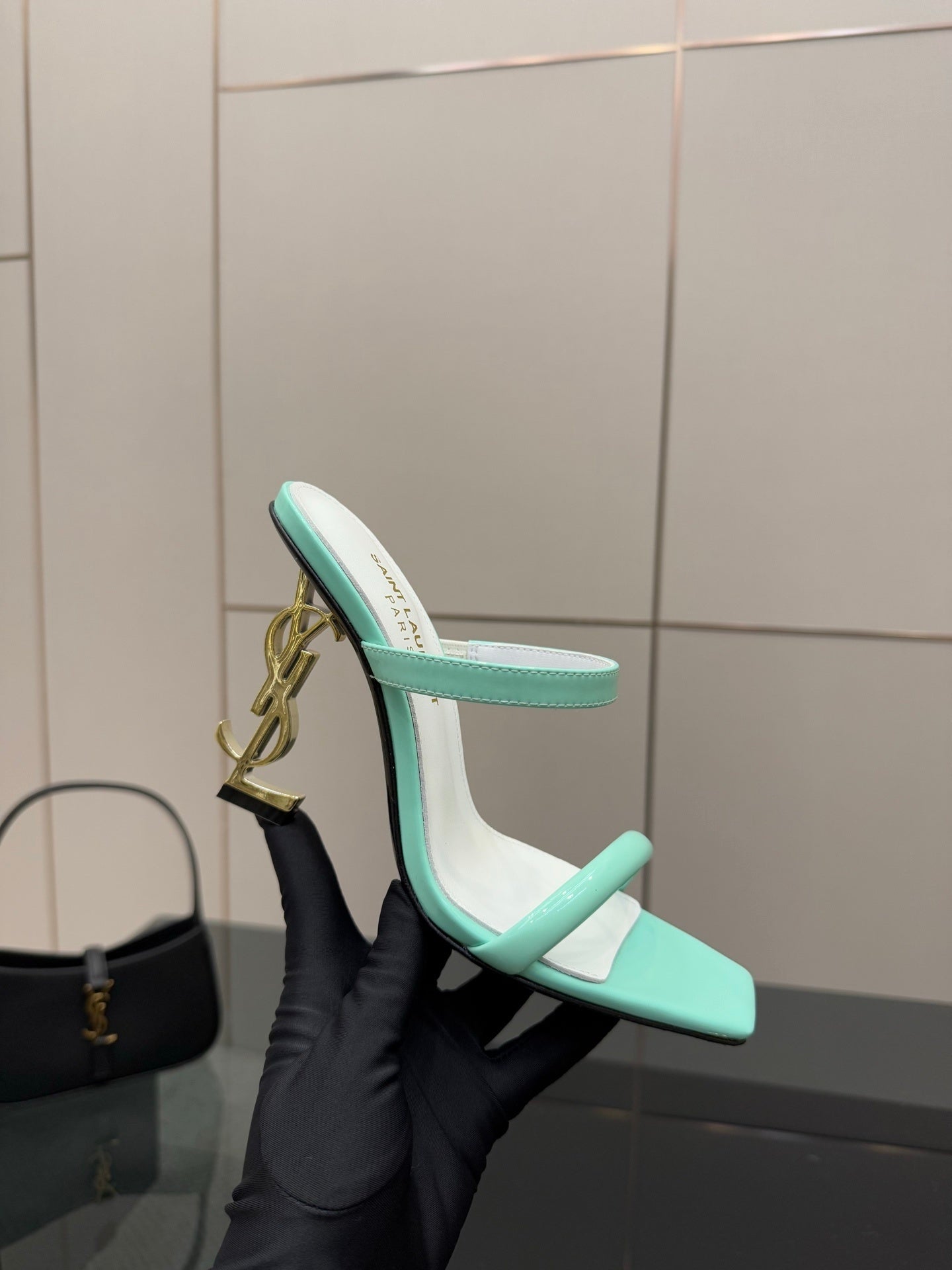 MINT GREEN STRAPPY HEELS WITH GOLD LOGO HEEL