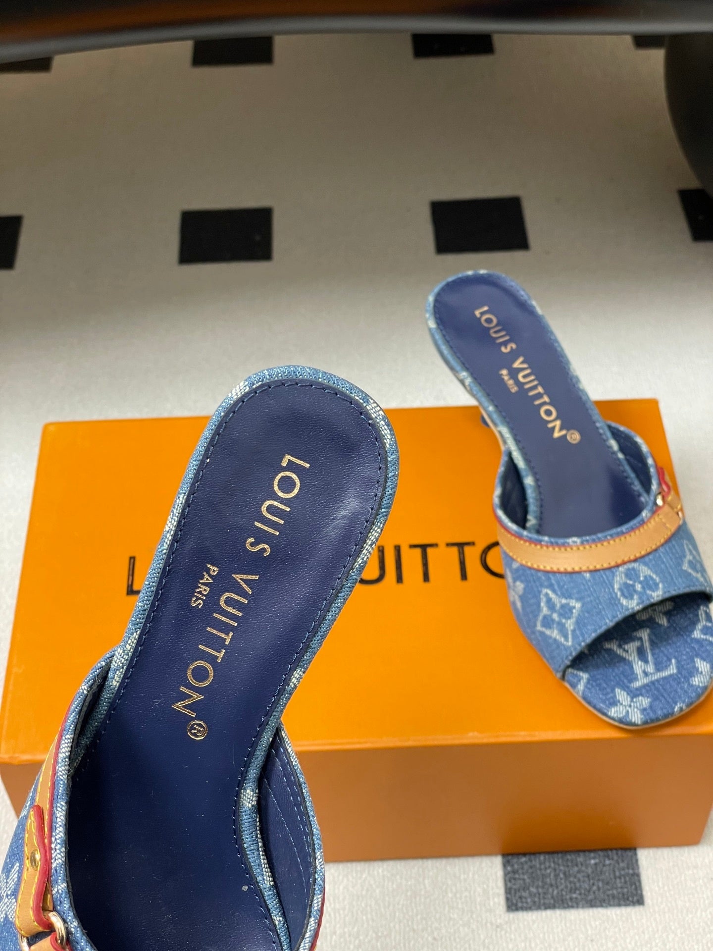 DENIM MONOGRAM STRAP KITTEN HEEL MULES