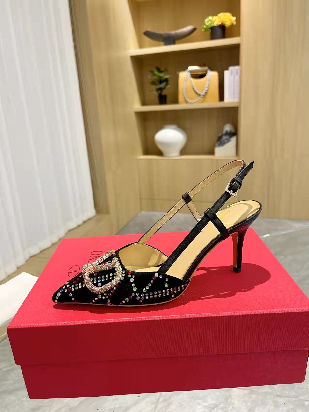 GLAM CRYSTAL EMBELLISHED SLINGBACK HEELS WITH SIGNATURE BUCKLE