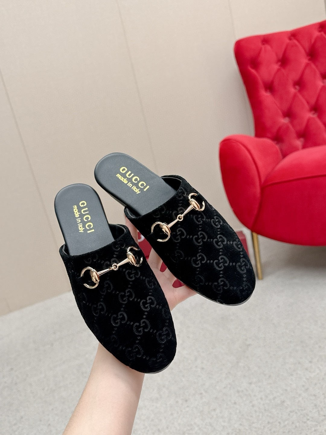 BLACK MONOGRAM VELVET HORSEBIT MULES