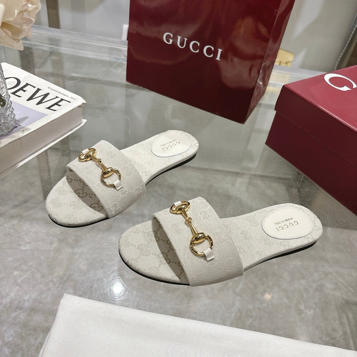 WHITE PATTERNED METAL DETAIL SLIDE SANDALS