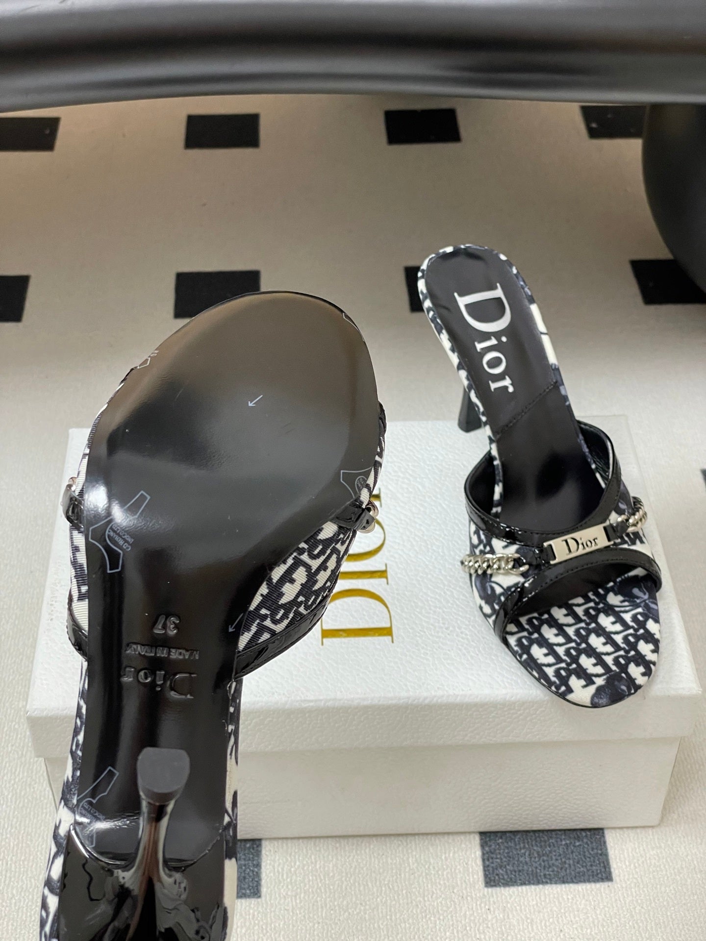 MONOGRAM CHAIN DETAIL MULE HEELS