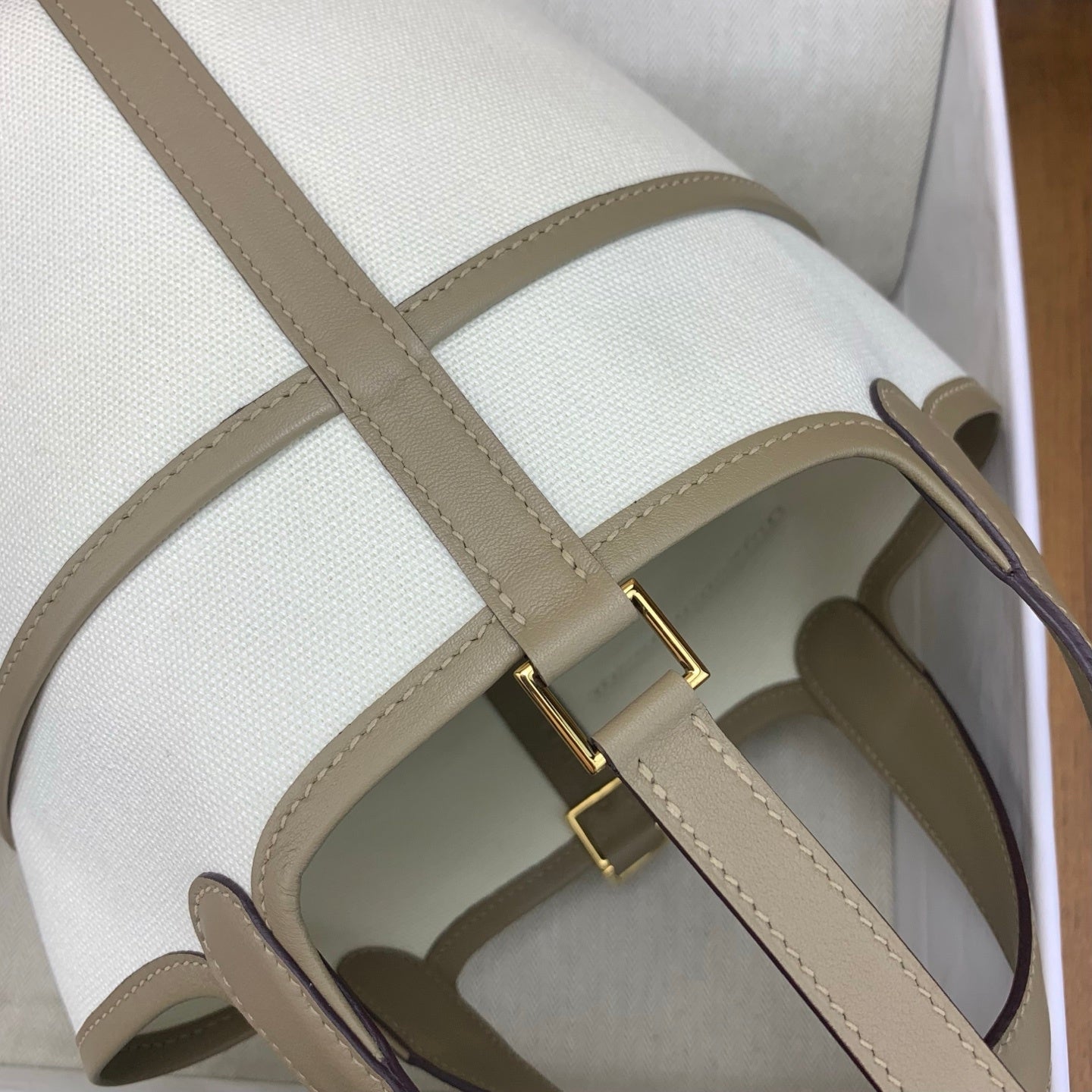 LUXURY CANVAS & TAUPE LEATHER MINI PICOTIN STYLE HANDBAG