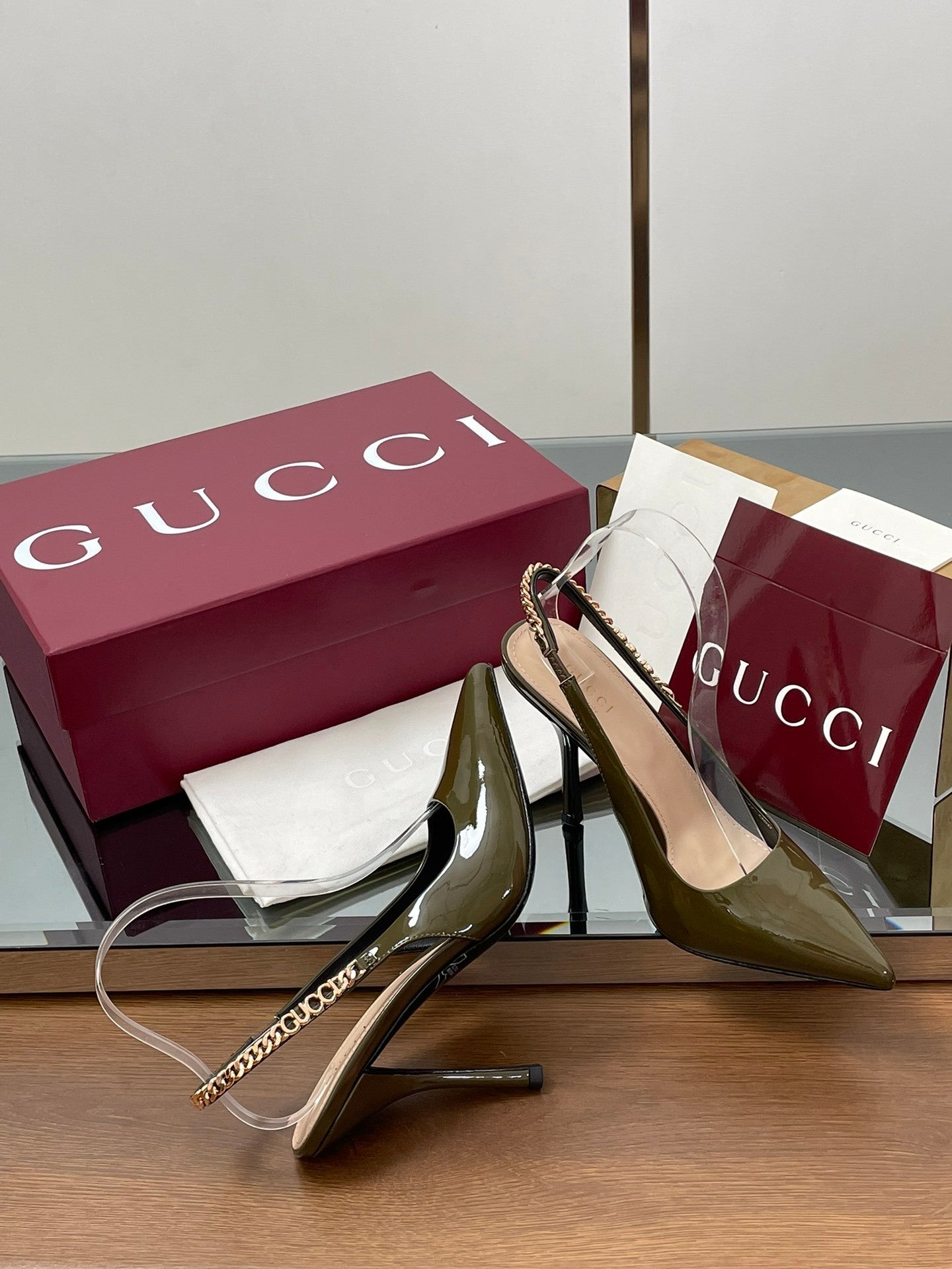 OLIVE PATENT SLINGBACK HEELS