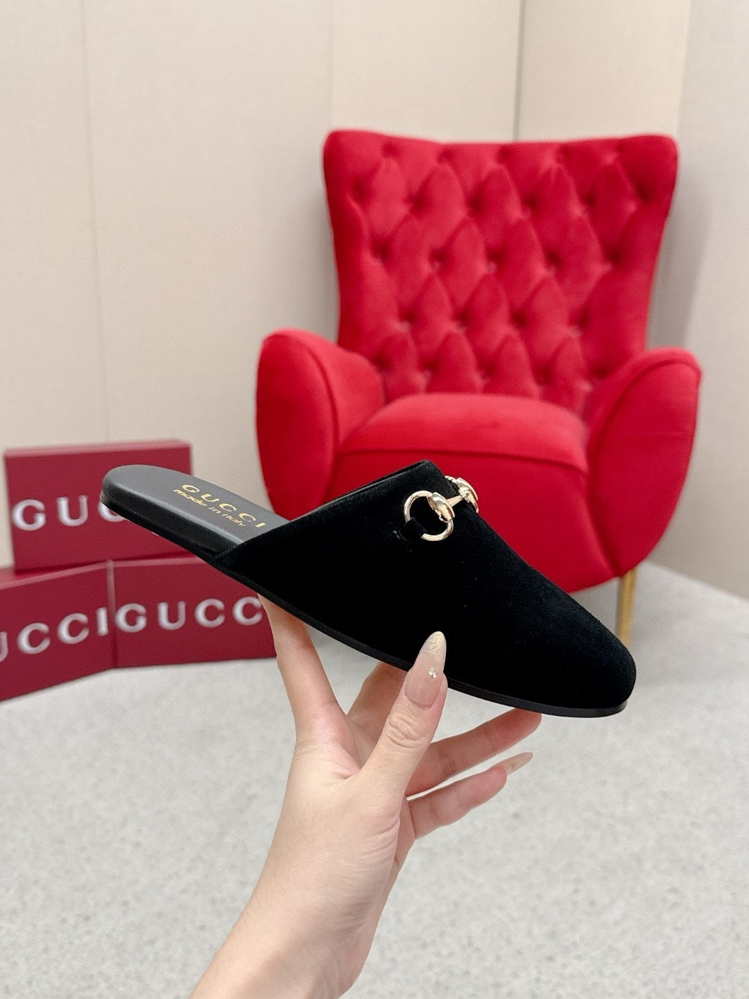 BLACK SUEDE HORSEBIT SLIP-ON MULES