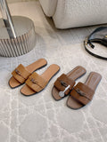 CLASSIC TAN FLAT SLIDES WITH POLISHED METAL BAR