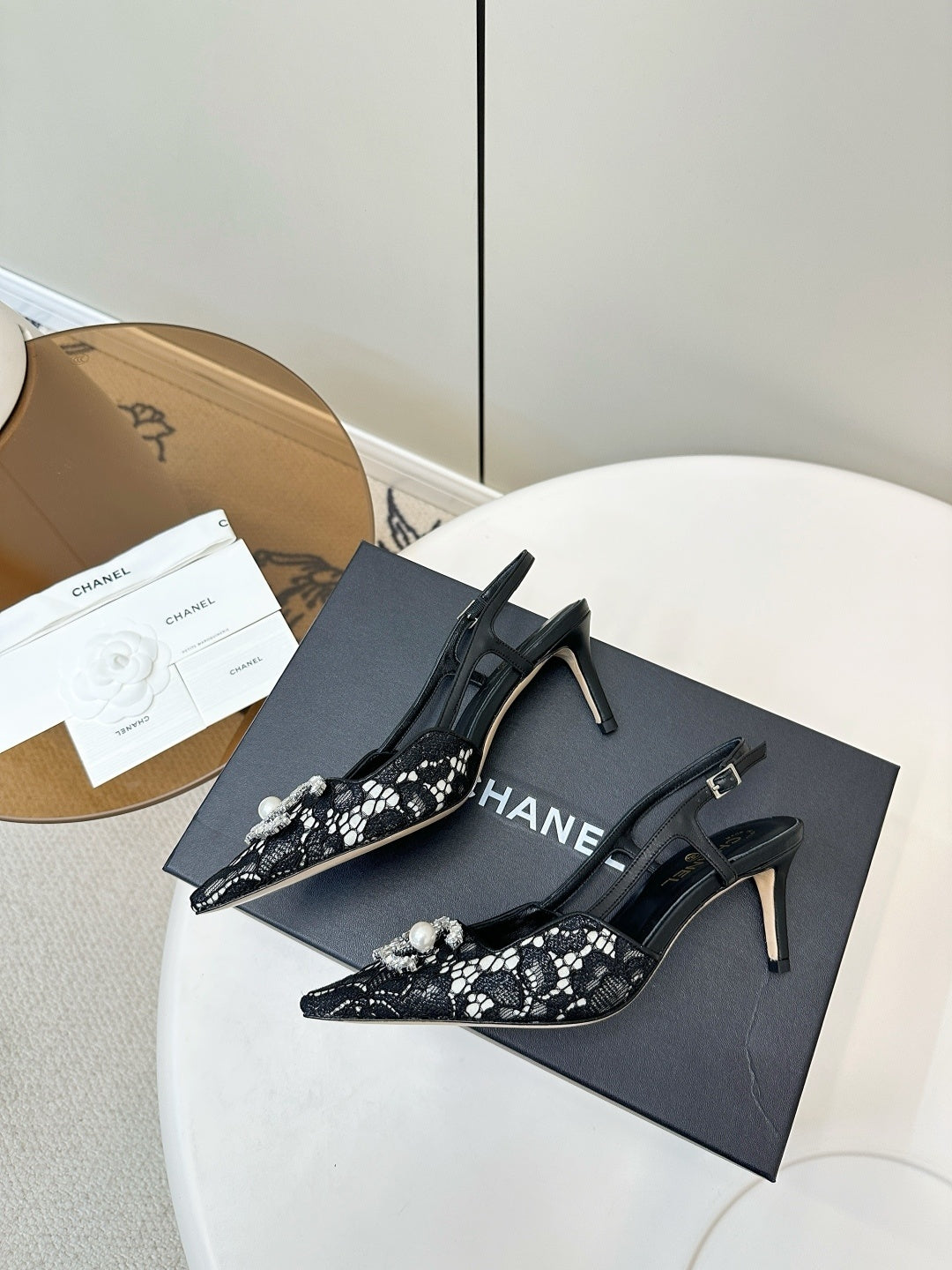 BLACK LACE CRYSTAL SLINGBACK HEELS