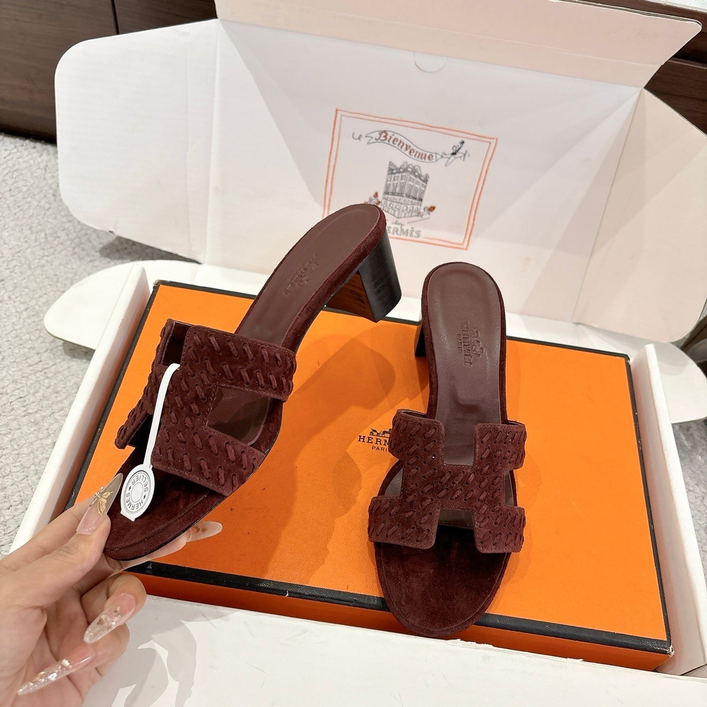 BURGUNDY SUEDE HEELED SLIDE SANDALS