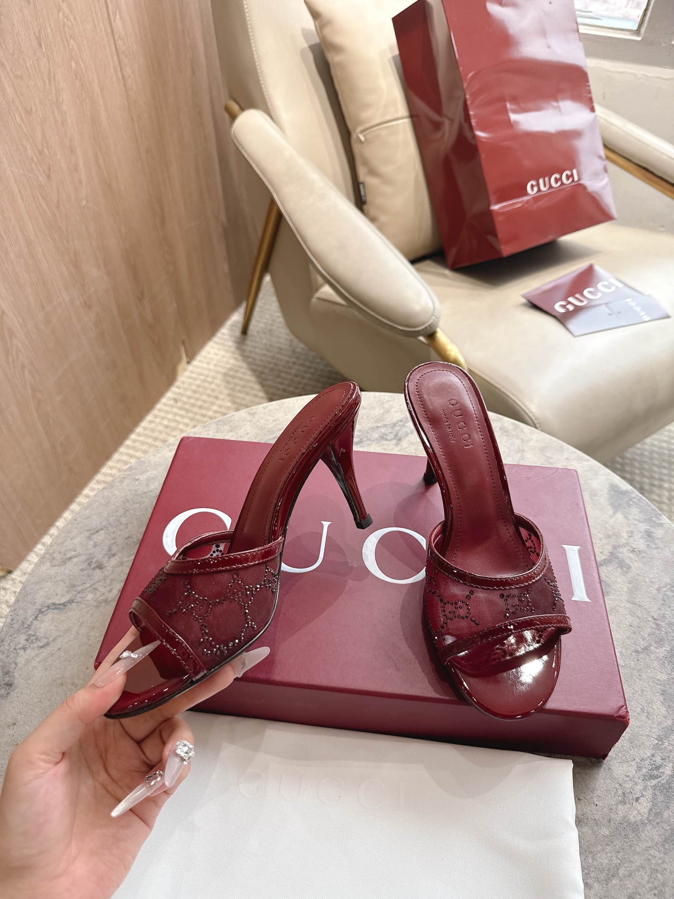 RED EMBELLISHED HEELED MULE SANDALS