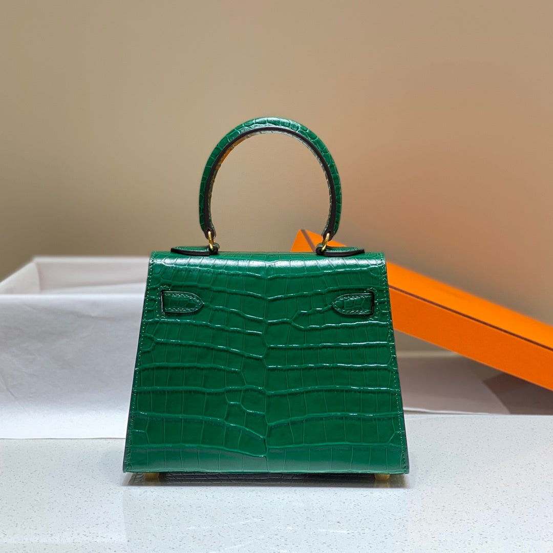 LUXURY EMERALD GREEN CROCODILE EMBOSSED MINI TOP HANDLE HANDBAG WITH GOLD HARDWARE