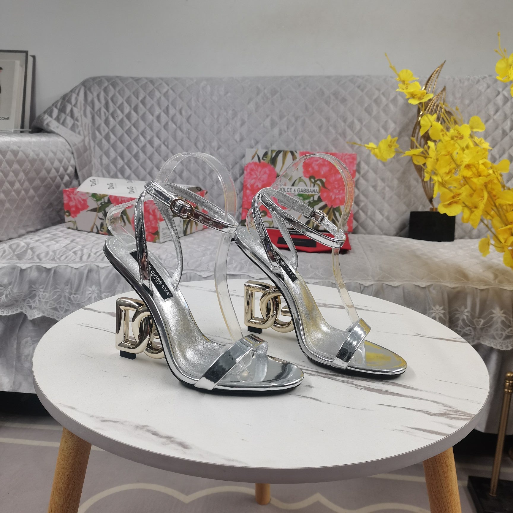 SILVER STRAPPY LOGO HEEL SANDALS