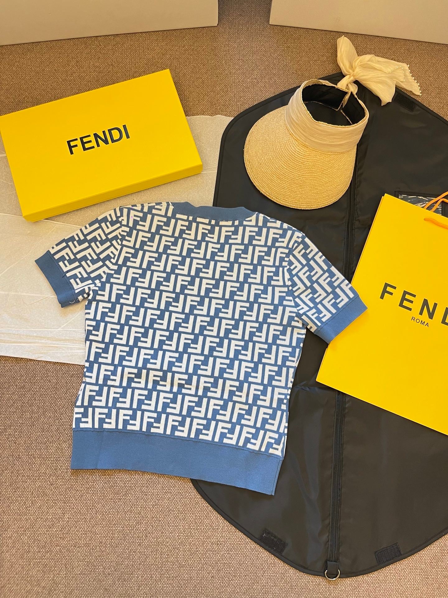 FENDI MONOGRAM KNIT TOP & DENIM SHORT SET