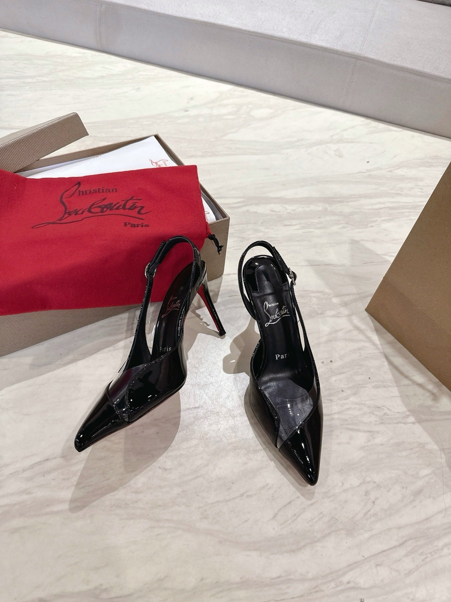 BLACK PATENT SLINGBACK HEELS WITH PVC DETAIL