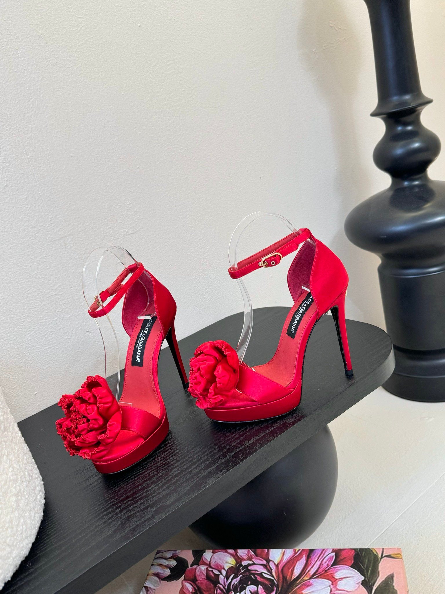 RED SATIN ROSETTE STRAPPY STILETTO HEELS