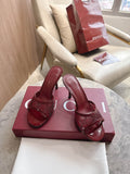 RED EMBELLISHED HEELED MULE SANDALS