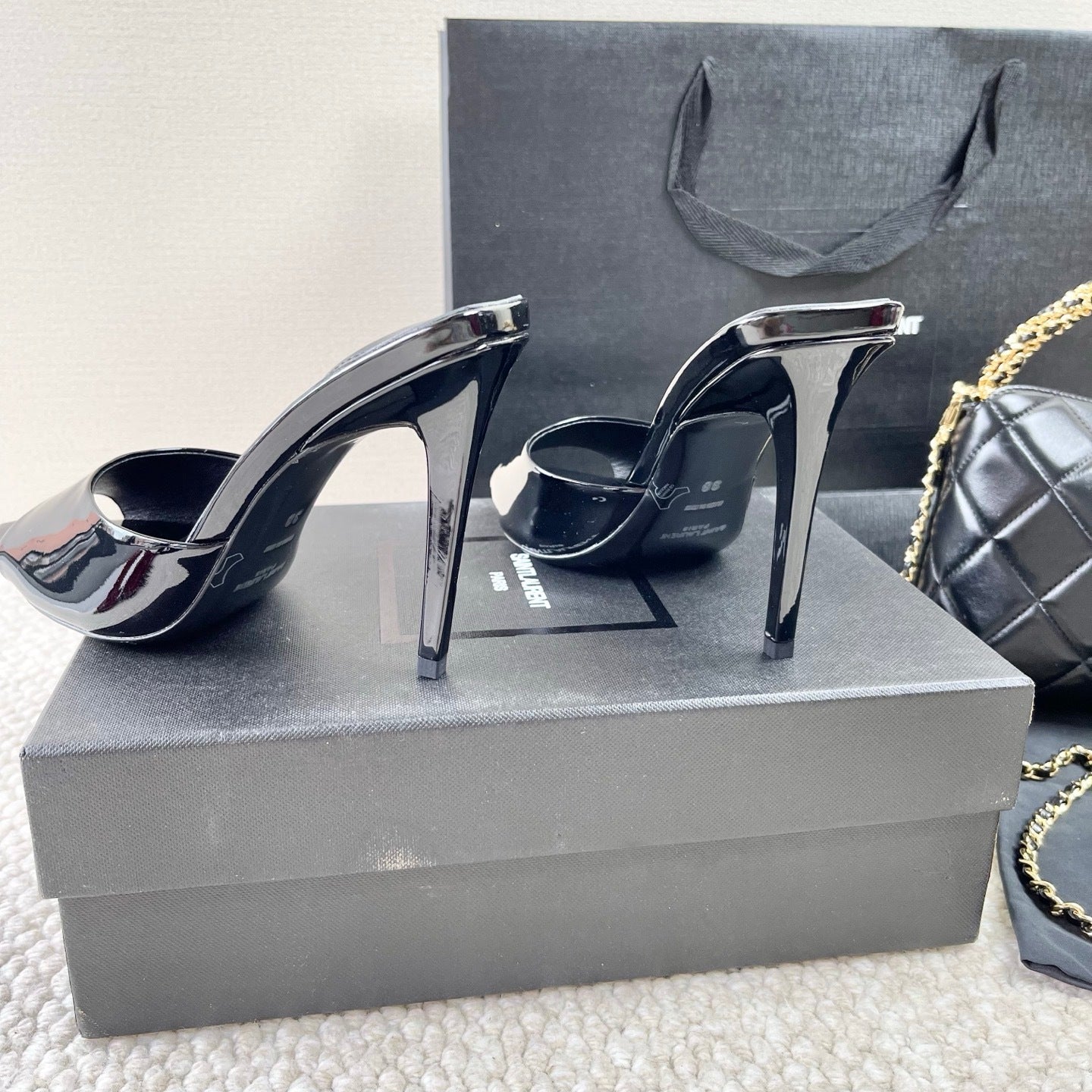 BLACK PATENT OPEN-TOE MULE HEELS