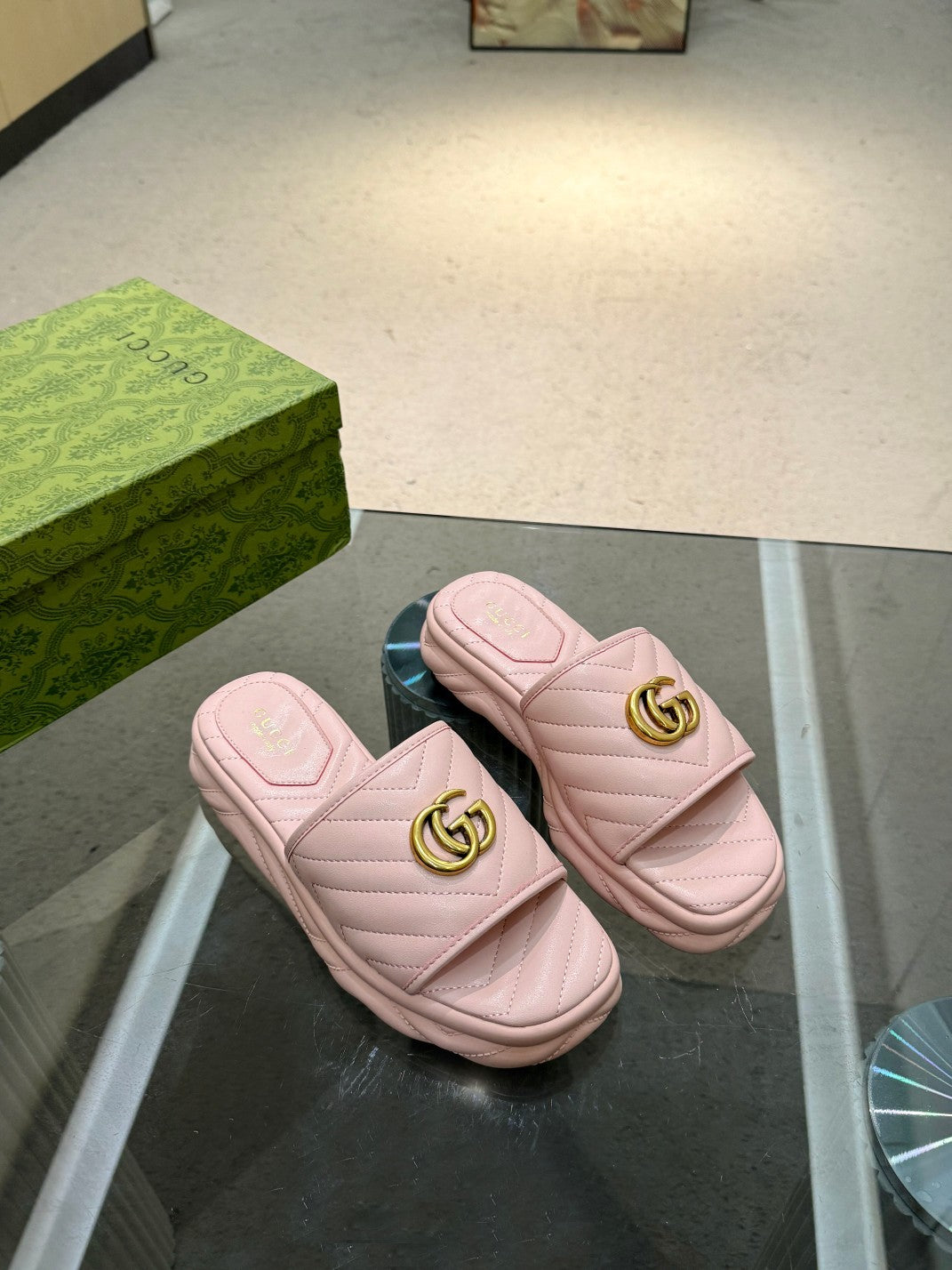 BLUSH QUILTED LOGO SLIDE SANDALS